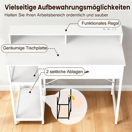 Computertisch mit Steckdosen, Schublade & Ablagen, Weiß