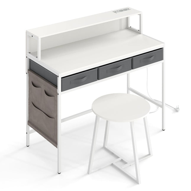 Computertisch mit Steckdosen, Monitorständer, Hocker-Set