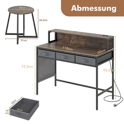 Computertisch mit Steckdosen und Hocker-Set – Rustikales Braun