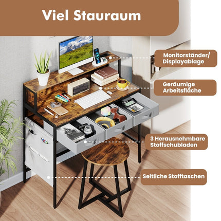 Computertisch mit Steckdosen und Hocker-Set – Rustikales Braun