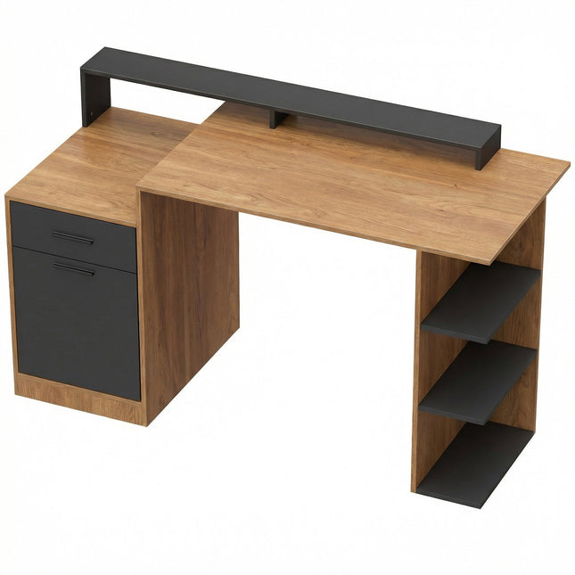 Computerbureau met opbergruimte en planken, 140 cm, eikenhout