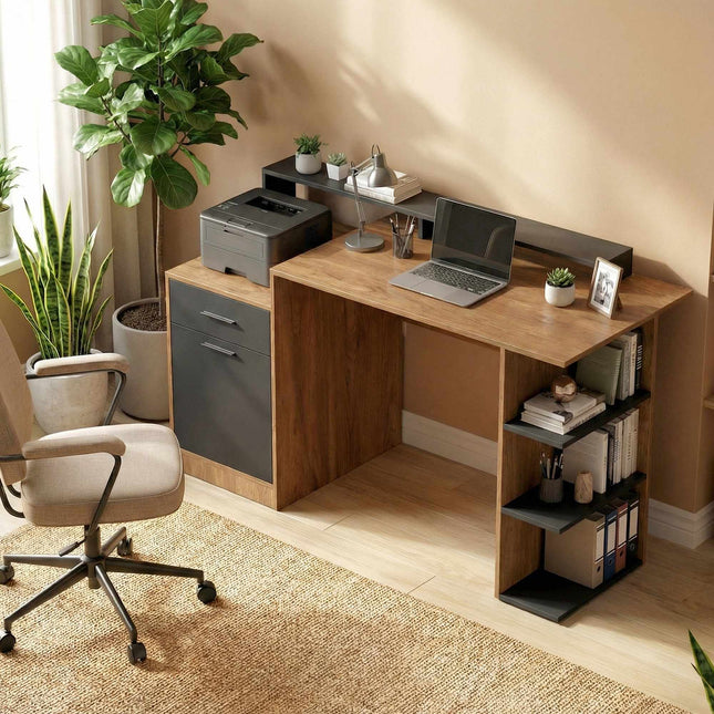 Computerbureau met opbergruimte en planken, 140 cm, eikenhout