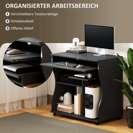 Mobiler Computertisch mit Tastaturauszug, schwarz 80x48x75 cm