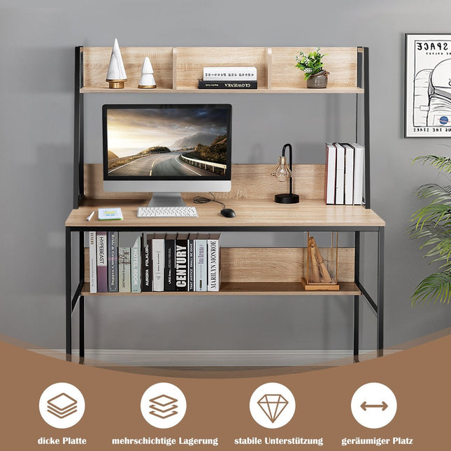 Computerbureau met plank, boekenplank en verstelbare voetjes, bureau, werktafel, natuurlijk