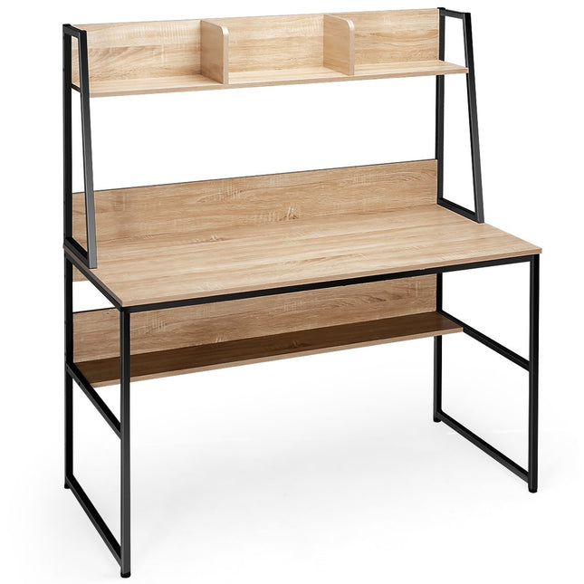 Computerbureau met plank, boekenplank en verstelbare voetjes, bureau, werktafel, natuurlijk
