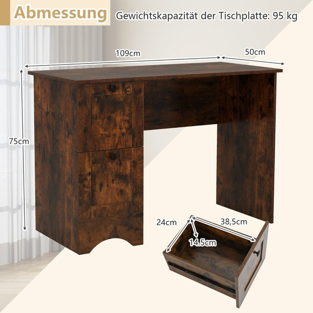 Computertafel met 2 lades, bureau, robuuste gametafel, kaptafel, laptoptafel, bruin
