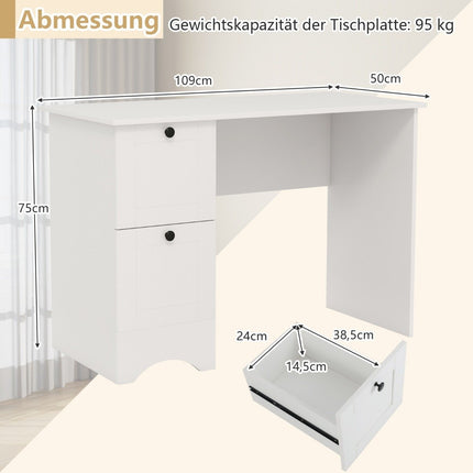 Computer table with 2 drawers, desk, robust gaming table, dressing table, laptop table, white