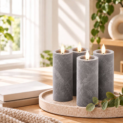 Concrete-Effect LED Candles with Flicker Light, Set of 4, Grey, Timer