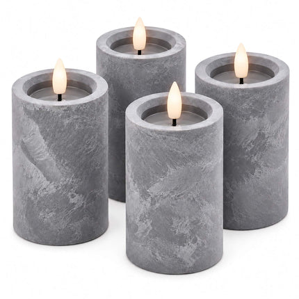 Concrete-Effect LED Candles with Flicker Light, Set of 4, Grey, Timer