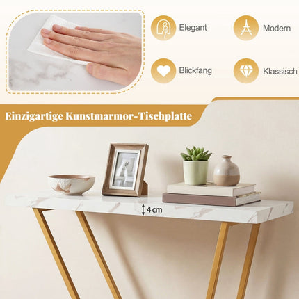 Konsolentisch 100cm, Marmor-Optik, Weiß, Metallrahmen