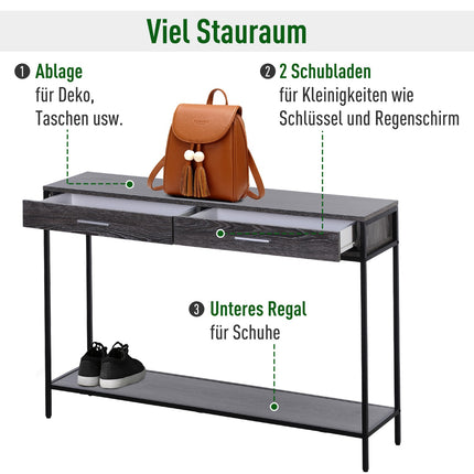Stahl-Konsolentisch mit Schubladen und Ablage, 120 x 30 x 81,5 cm