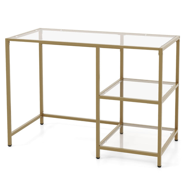 Console Table, Tempered Glass Top, 2 Shelves, Gold Frame