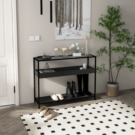Schwarzer Konsolentisch aus Stahl mit Glasplatte und 2 Ablagen – 100x30x78 cm