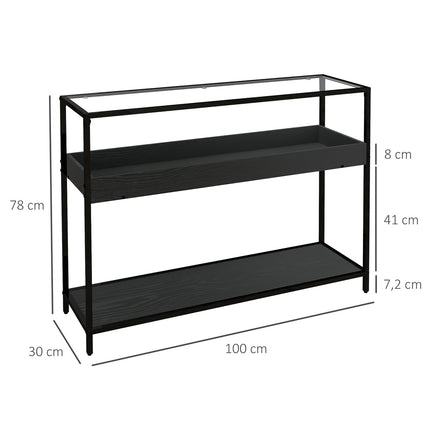 Schwarzer Konsolentisch aus Stahl mit Glasplatte und 2 Ablagen – 100x30x78 cm