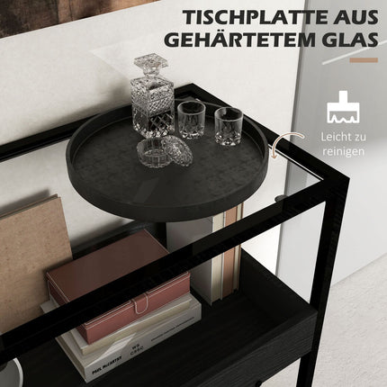 Schwarzer Konsolentisch aus Stahl mit Glasplatte und 2 Ablagen – 100x30x78 cm