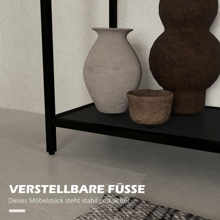 Schwarzer Konsolentisch aus Stahl mit Glasplatte und 2 Ablagen – 100x30x78 cm