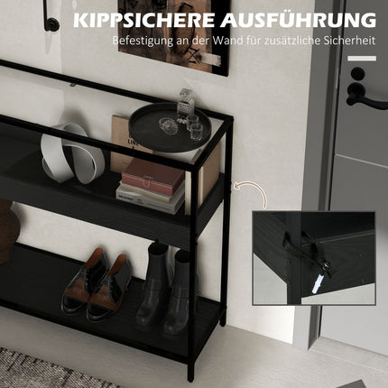 Schwarzer Konsolentisch aus Stahl mit Glasplatte und 2 Ablagen – 100x30x78 cm