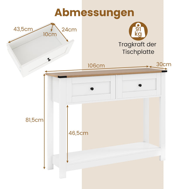 Konsolentisch mit 2 Schubladen und Ablage, Weiß, 106x30x81.5 cm
