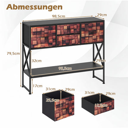 Console Table with 4 Fabric Drawers, Metal Frame, Wood Mosaic