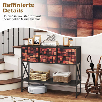 Console Table with 4 Fabric Drawers, Metal Frame, Wood Mosaic