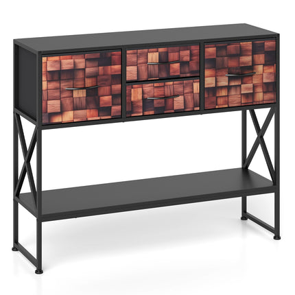 Console Table with 4 Fabric Drawers, Metal Frame, Wood Mosaic