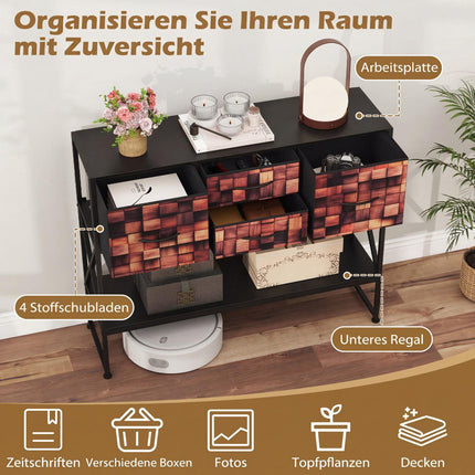 Console Table with 4 Fabric Drawers, Metal Frame, Wood Mosaic