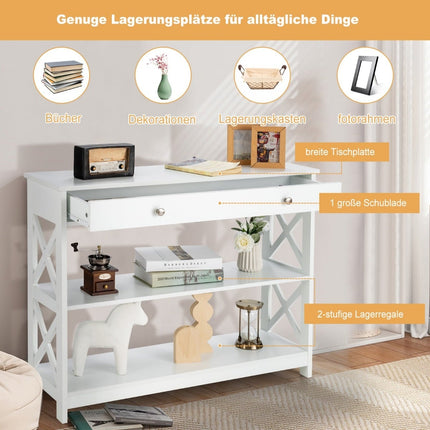 Konsolentisch mit Schublade und Regalen, weißes MDF, 100x30x80 cm