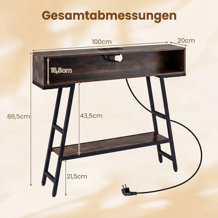 Console Table with LED Lighting & Charging Station, 3-Tier, Rustic Brown