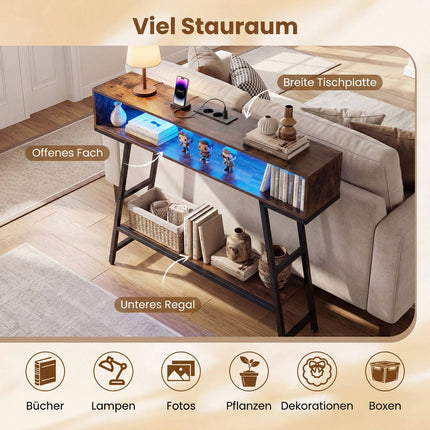 Console Table with LED Lighting & Charging Station, 3-Tier, Rustic Brown