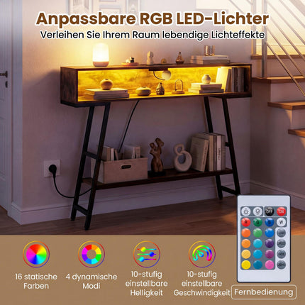 Console Table with LED Lighting & Charging Station, 3-Tier, Rustic Brown