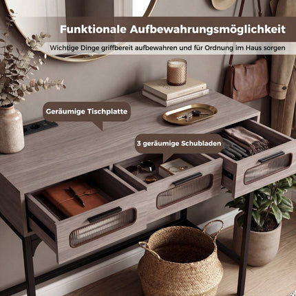 Console Table with LED Lights, Charging Station, Drawers