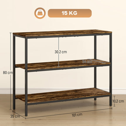 Console table, side table with 3-tier shelf, chipboard, metal, light brown