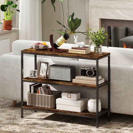 Console table, side table with 3-tier shelf, chipboard, metal, light brown