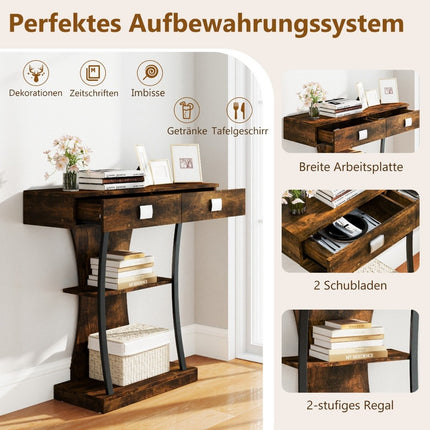 Console avec 2 tiroirs Table d'entrée en bois avec 2 étagères 91 x 30 x 87 cm Brun rustique