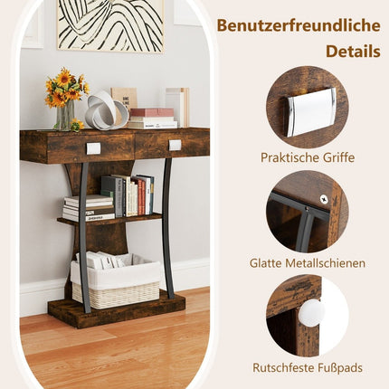 Console avec 2 tiroirs Table d'entrée en bois avec 2 étagères 91 x 30 x 87 cm Brun rustique