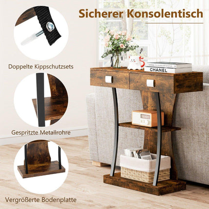 Console avec 2 tiroirs Table d'entrée en bois avec 2 étagères 91 x 30 x 87 cm Brun rustique