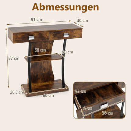 Console avec 2 tiroirs Table d'entrée en bois avec 2 étagères 91 x 30 x 87 cm Brun rustique