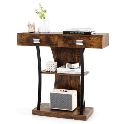 Console avec 2 tiroirs Table d'entrée en bois avec 2 étagères 91 x 30 x 87 cm Brun rustique