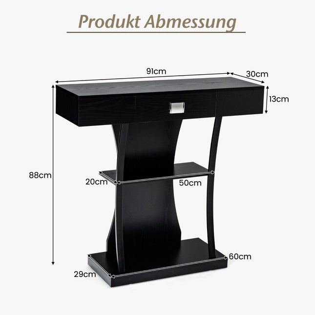 Konsolentisch mit Schubladen &amp; Metallgestell &amp; 2 Ablageflächen &amp; Kippschutz Flurtisch schwarz