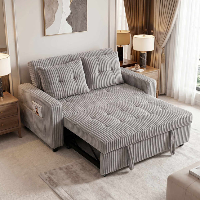 Cabrio 2-Sitzer Cord Schlafsofa, 2 Kissen, Taschen, Grau