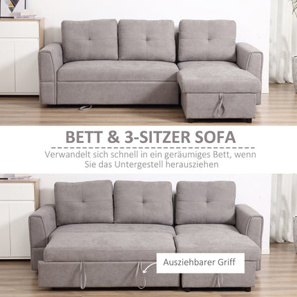 Convertible 3-Seater Sofa Bed with Chaise, Grey Fabric