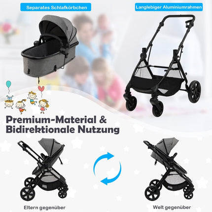 Wandelbarer Kinderwagen mit verstellbarem Verdeck & Stauraum