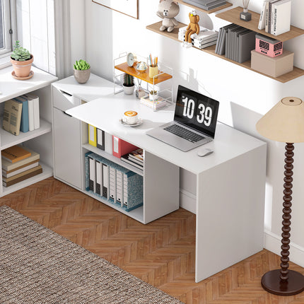 Wandelbarer Schreibtisch mit Stauraum, weißes Holz, L-Form-Option