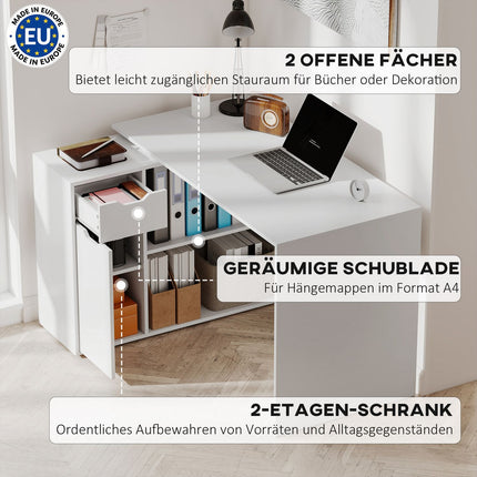 Wandelbarer Schreibtisch mit Stauraum, weißes Holz, L-Form-Option