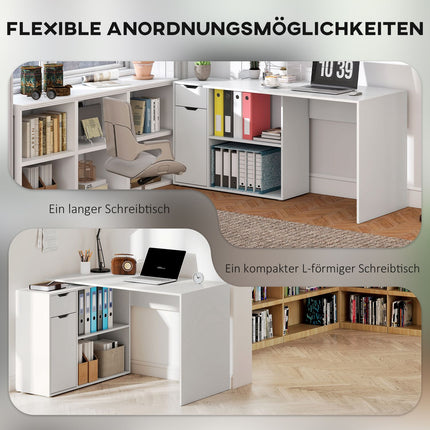 Wandelbarer Schreibtisch mit Stauraum, weißes Holz, L-Form-Option