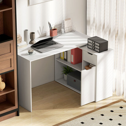 Wandelbarer Schreibtisch mit Stauraum, weißes Holz, L-Form-Option