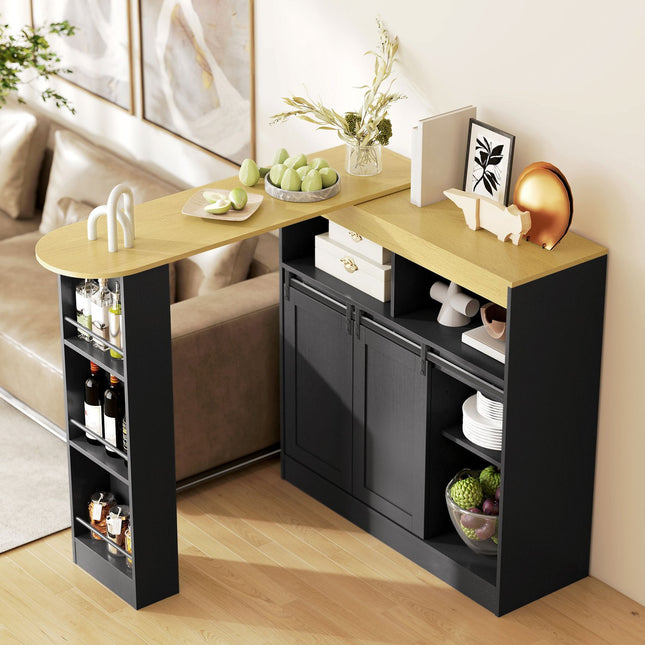 Wandelbarer L-förmiger Bartisch, schwarzes MDF, viel Stauraum