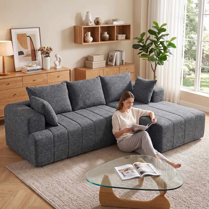 Convertible L-Shaped Chenille Sofa Bed with Ottoman, Grey