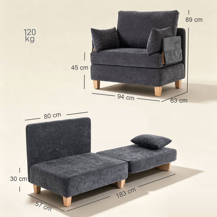Convertible Sleeper Chair with Linen Velvet, Dark Grey