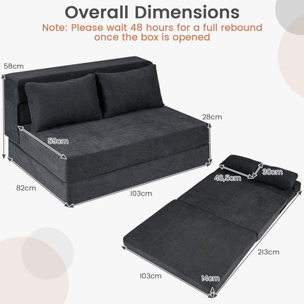 Convertible Sofa Bed, 3-in-1 Chenille, 2 Cushions, Grey